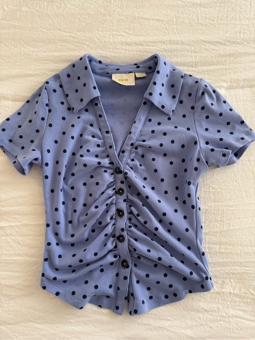 Maeve By Anthropologie Purple Polka Dot Ruched Button Front Blouse Top - Picture 2 of 8